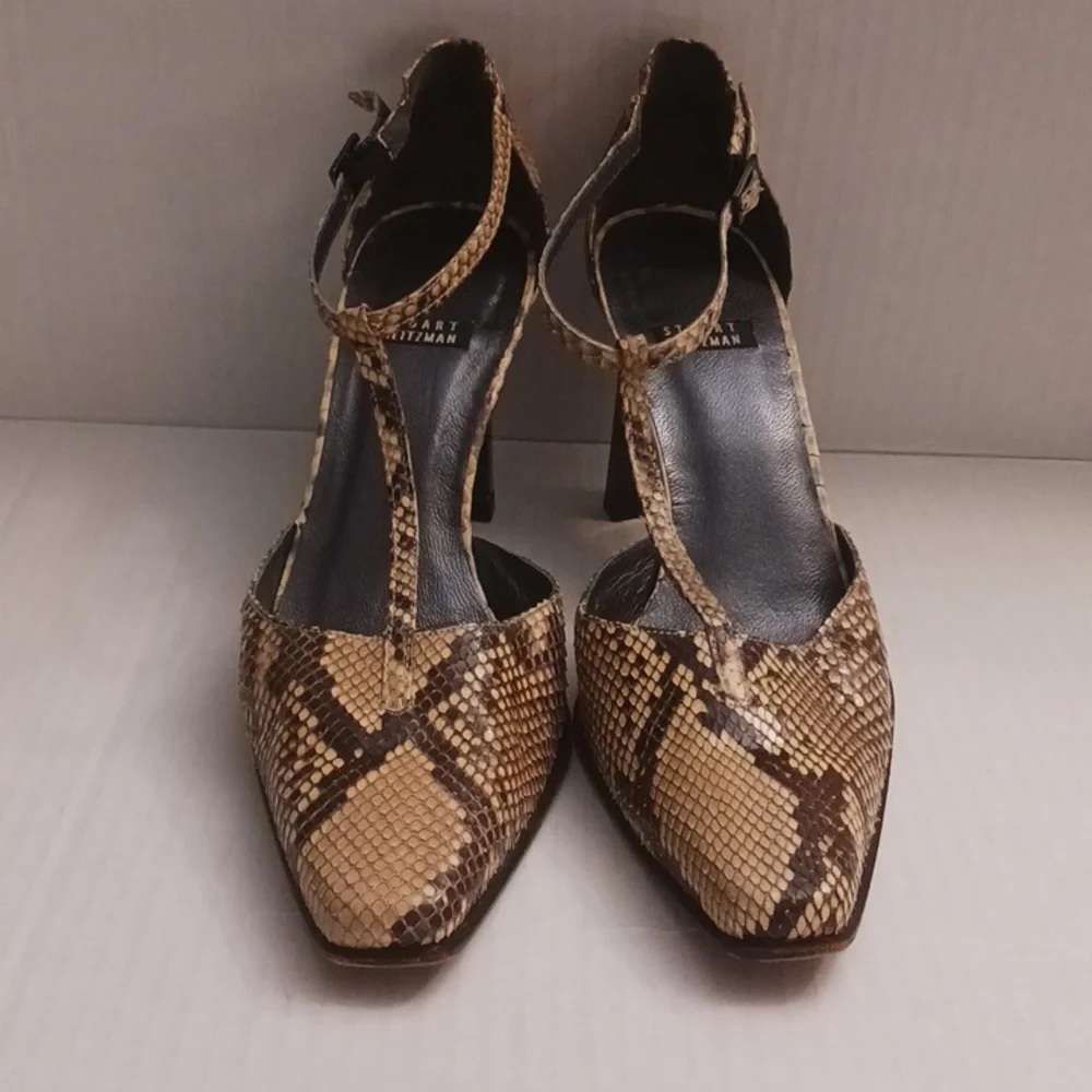 Stuart Weitzman size 7B women's snake print t-strap high-heel shoes brown cream. - Picture 3 of 17